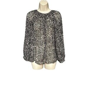 Nili Lotan Size S  100% Silk Popover Blouse Top Black Tan Button Closure & Cuffs